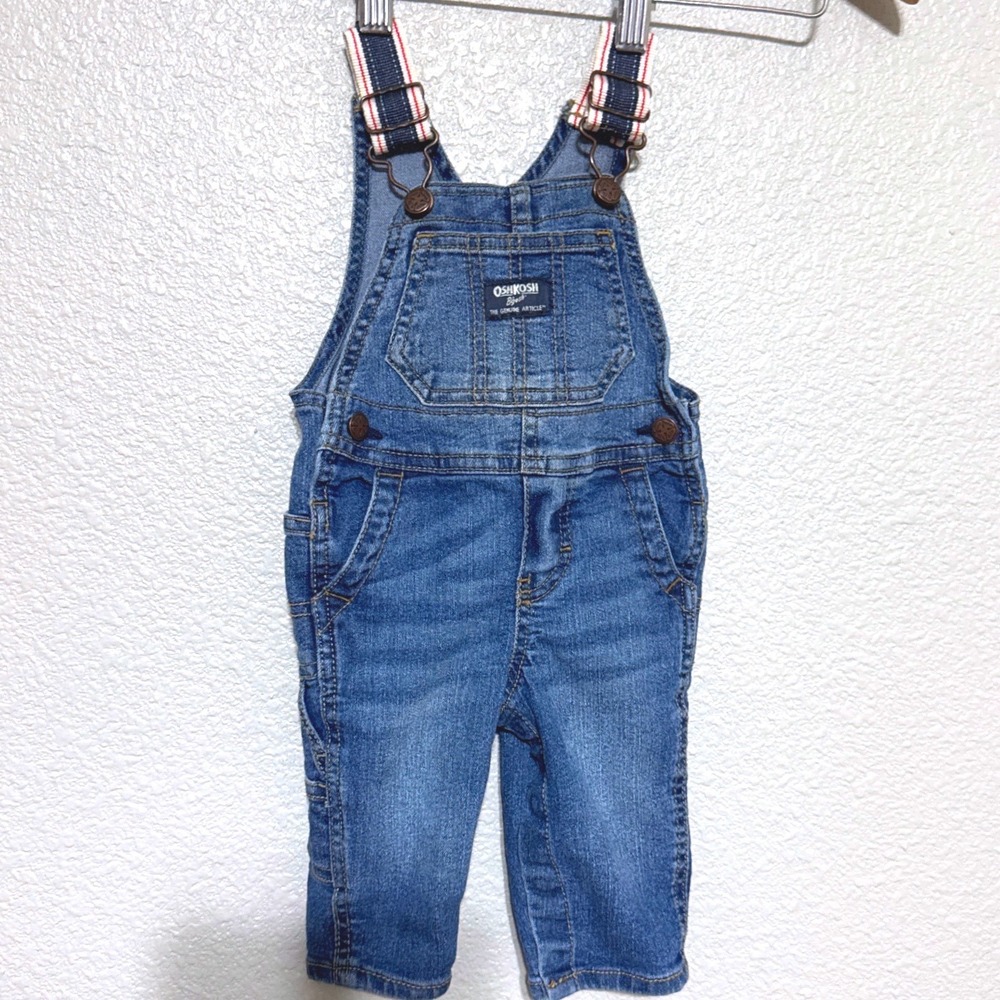 OshKosh Bgosh Denim Overalls Pants Baby Boys  6 Mo Medium Wash Vestbak Striped